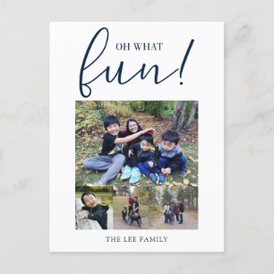 Oh What Fun 5 Photo Collage Navy Blue Christmas Holiday Postcard