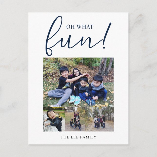 Oh What Fun 5 Photo Collage Navy Blue Christmas Holiday Postcard (Front)