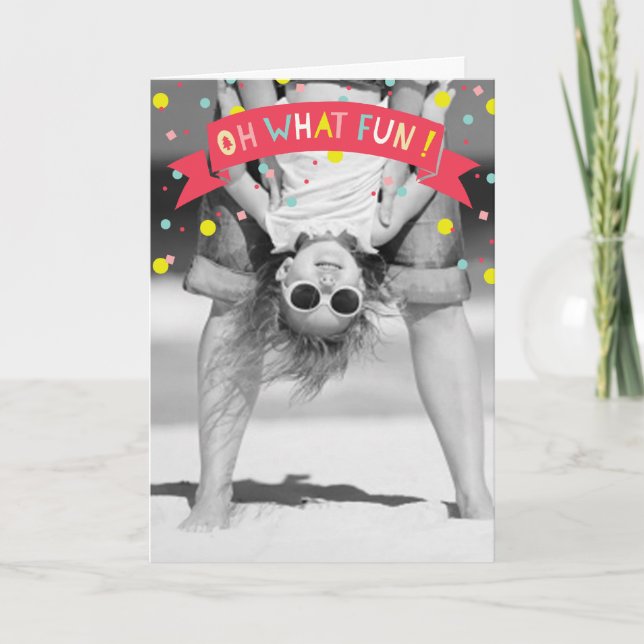Oh What Fun Banner Colourful Confetti Dots Photo Holiday Card (Front)