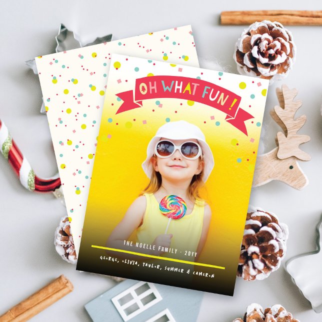 Oh What Fun Banner Colourful Confetti Dots Photo Holiday Card (Creator Uploaded)
