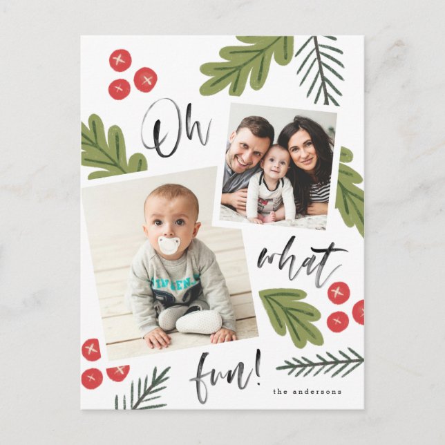 Oh What Fun Berry Snapshot Multi-Photo Holiday Postcard (Front)