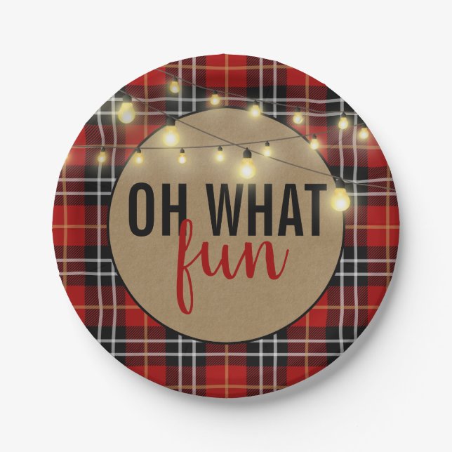 OH WHAT FUN Black/Red Plaid Paper Plate (Front)