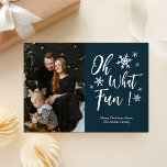Oh What Fun Blue Calligraphy Snowflakes Photo Holiday Card<br><div class="desc">Oh What Fun Blue Calligraphy Snowflakes Photo Holiday Card. Send customisable and personalised holiday greetings to friends,  colleagues and family in simple,  chic,  elegant and modern photo design festive,  natural minimalist style cards! Below the calligraphy features your custom greeting message in modern typography.</div>