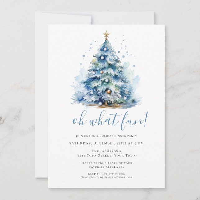 Oh What Fun Blue Festive Holiday Dinner Party Invitation (Front)