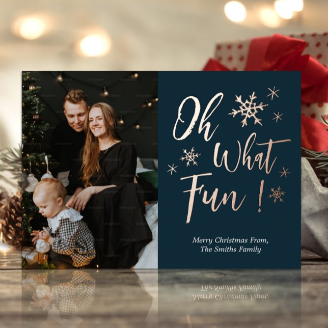 Oh What Fun Blue Gold Calligraphy Snowflakes Photo Foil Holiday Card (Creator Uploaded)