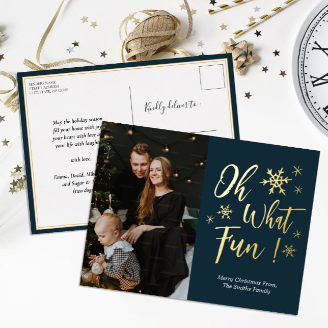 Oh What Fun Blue Gold Calligraphy Snowflakes Photo Foil Holiday Postcard (Creator Uploaded)