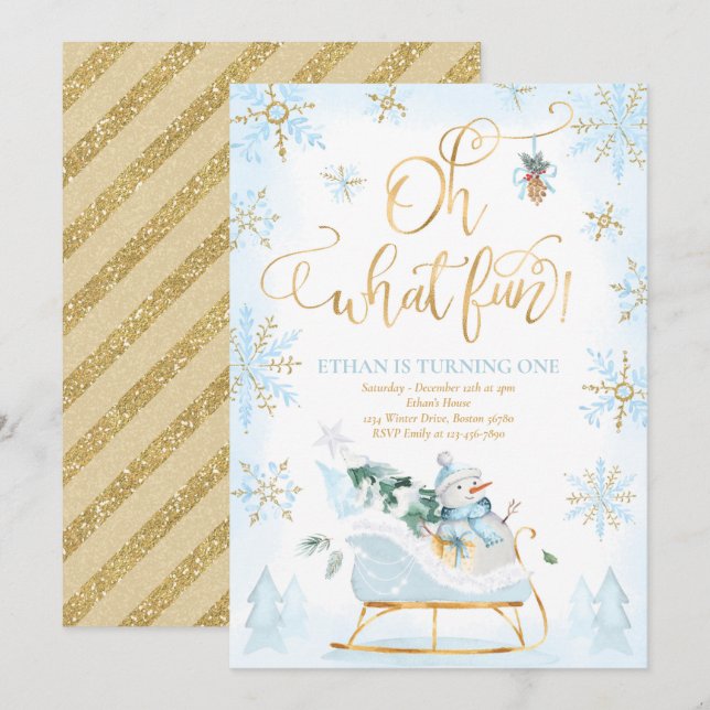Oh What Fun Blue & Gold Winter Sleigh Birthday Invitation (Front/Back)