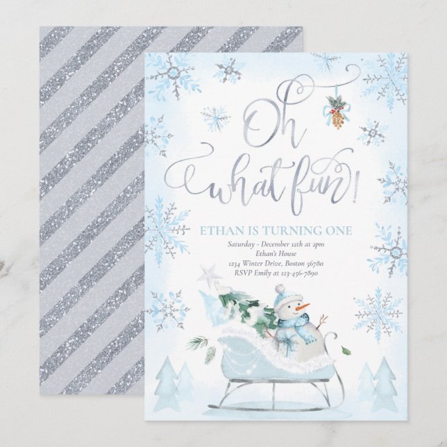 Oh What Fun Blue & Silver Winter Sleigh Birthday Invitation (Front/Back)
