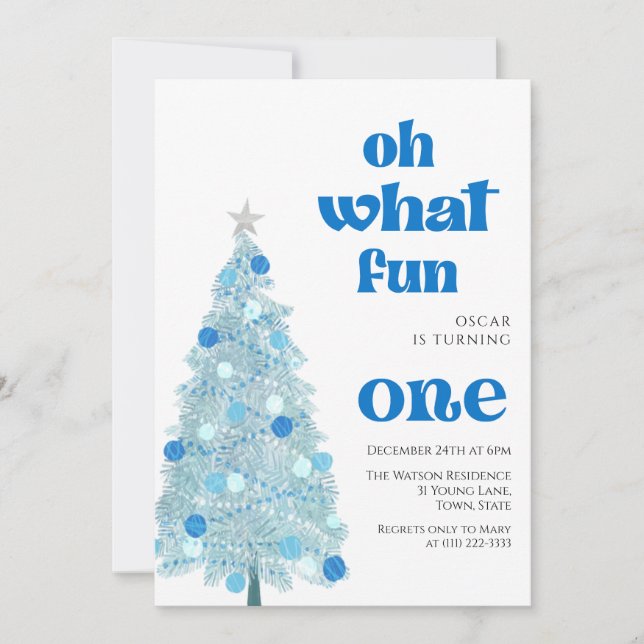Oh what fun Blue tree christmas Boy birthday  Invitation (Front)