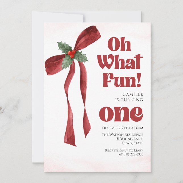 Oh what fun Bow christmas girl birthday  Invitation (Front)