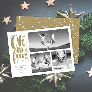 Oh What Fun Brush Script Sparkling Stars 3 Photo Holiday Card