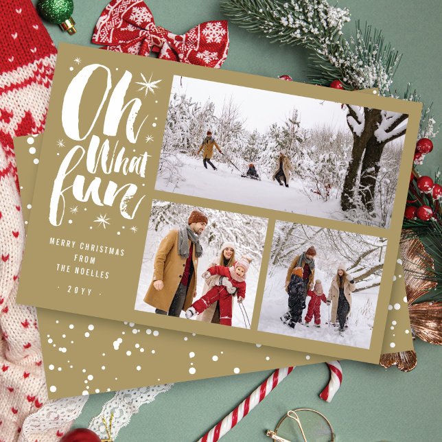 Oh What Fun Brush Script Sparkling Stars 3 Photo Holiday Card (Creator Uploaded)