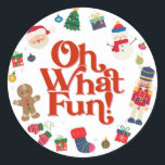 Oh What Fun Christmas Birthday Party Favour Sticke Classic Round Sticker<br><div class="desc">Oh What Fun! The perfect way to celebrate your little one's birthday in style during the magical holiday season! This printable template package is designed to make your child's winter birthday party unforgettable. ★ If you need coordinating décor, please check my matching collection. If you have any questions about this...</div>