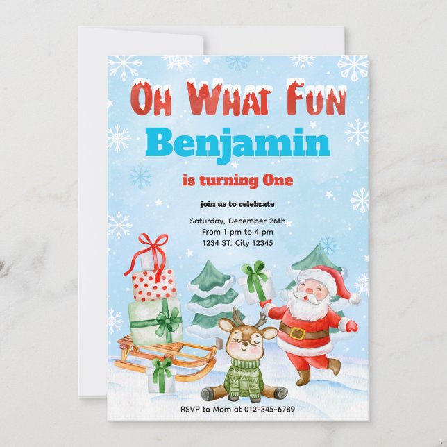 Oh What Fun Christmas Birthday Party Invitation (Front)