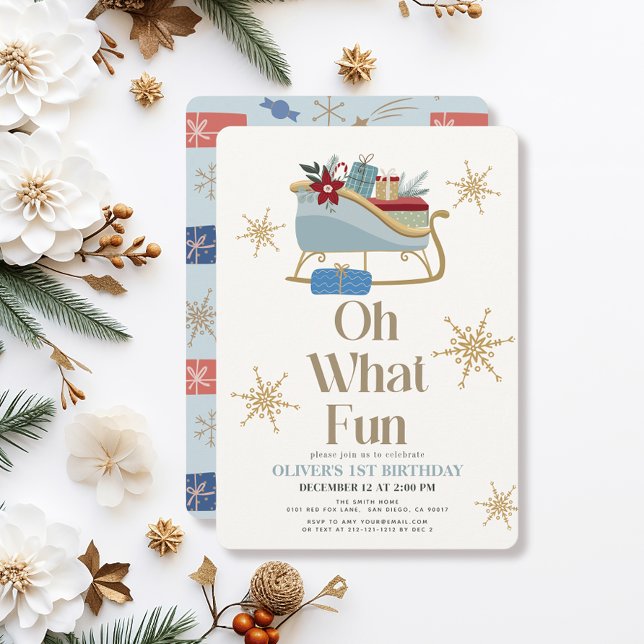 Oh What Fun Christmas Blue Sleigh 1st Birthday Invitation (Creator Uploaded)