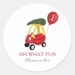 Oh What Fun Christmas Car 1st Birthday Party Classic Round Sticker