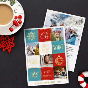 Oh What Fun! Christmas Collage Snapshots Gold Foil Holiday Card