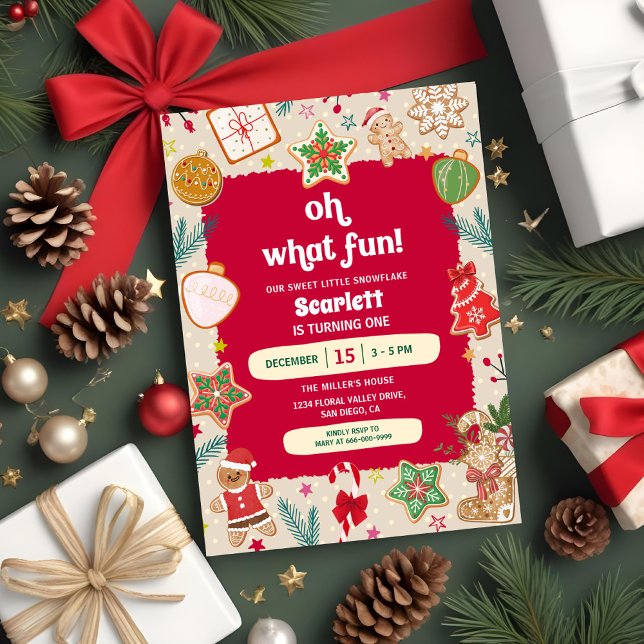 Oh What Fun Christmas Cookies 1st Birthday Party Invitation (Oh what a fun Christmas Gingerbread cookie 1st birthday party invitation)