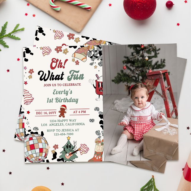 Oh What Fun Christmas Disco Ball Birthday Photo Invitation (Creator Uploaded)
