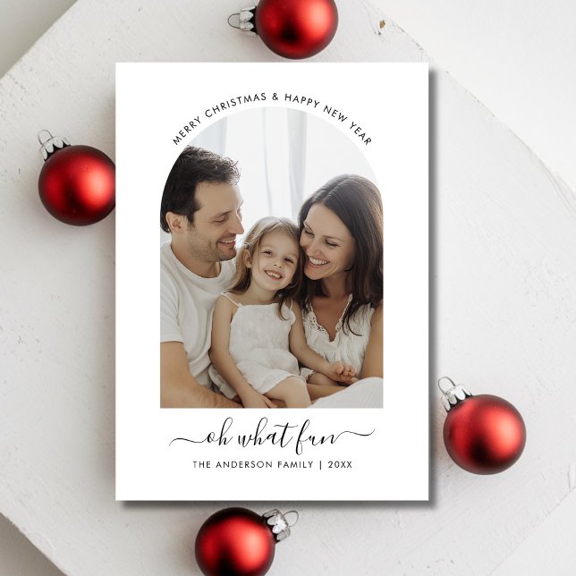Oh What Fun Christmas Family Baby Photo Dark Green Holiday Card (Creator Uploaded)
