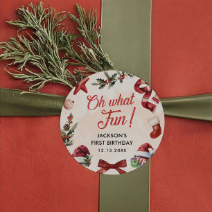 Oh What Fun Christmas First Birthday Party Classic Round Sticker