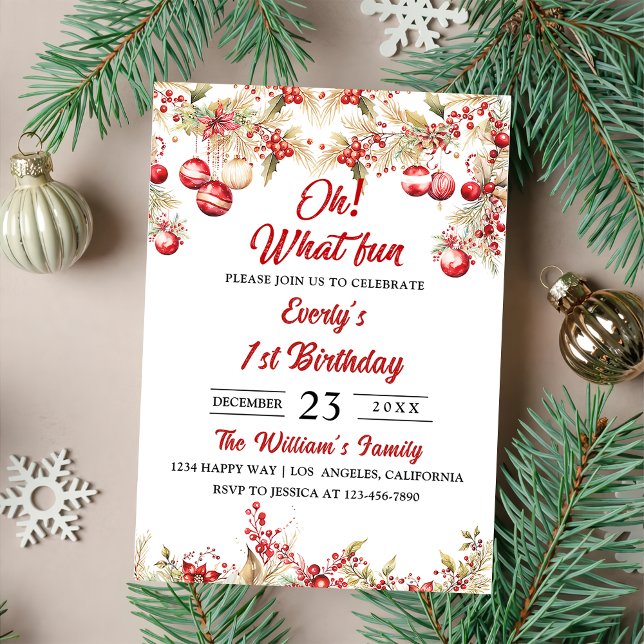 Oh What Fun! Christmas Floral Birthday Party Invitation (Creator Uploaded)