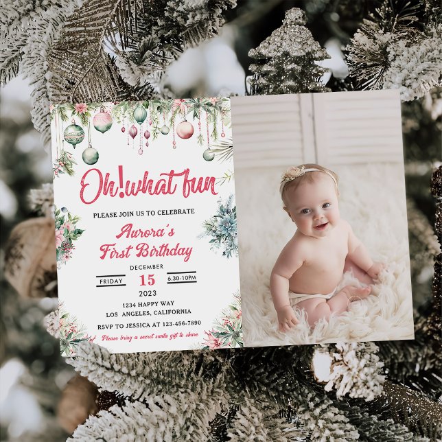 Oh What Fun Christmas Floral Birthday Photo Invitation (Creator Uploaded)