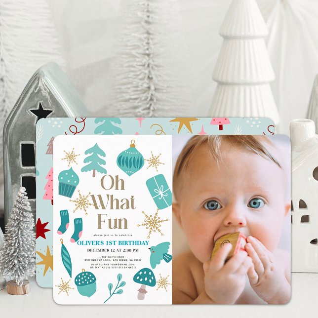Oh What Fun Christmas Green 1st Birthday Photo Invitation (Creator Uploaded)