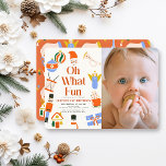 Oh What Fun Christmas Holiday 1st Birthday Invitation<br><div class="desc">This cute "oh what fun" 1st/first birthday photo invitation features a cream background with Santa Claus,  a snowman,  nutcracker,  angel,  trumpet,  drum,  and holiday ornaments. The reverse side features a red background with ornament patterns. Personalise it for your needs. You can find matching products at my store.</div>