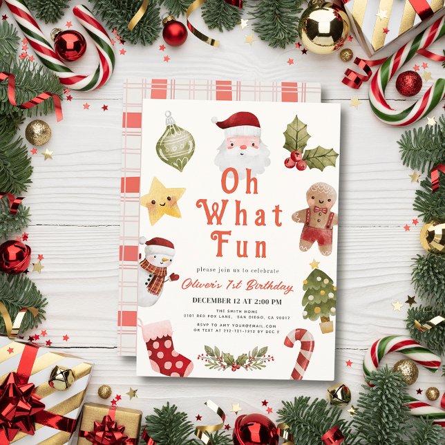 Oh What Fun Christmas Holiday Santa 1st Birthday Invitation (Creator Uploaded)