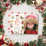 Oh What Fun Christmas Holiday Santa Birthday Photo Invitation<br><div class="desc">This cute "oh what fun" kid's birthday photo invitation features a cream background with Santa Claus, hollies, a gingerbread man, star, snowman, christmas tree, candy cane, and stocking in watercolor. The reverse side features a white background with check pattern in red. Personalise it for your needs. You can find matching...</div>