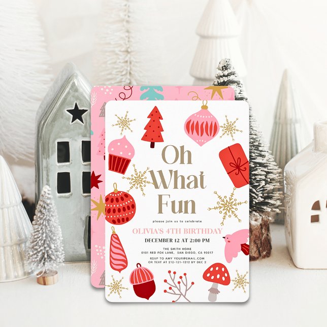 Oh What Fun Christmas Motifs Pink Birthday Invitation (Creator Uploaded)