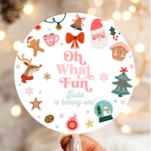 Oh What Fun Christmas Party Girl 1st Birthday Classic Round Sticker