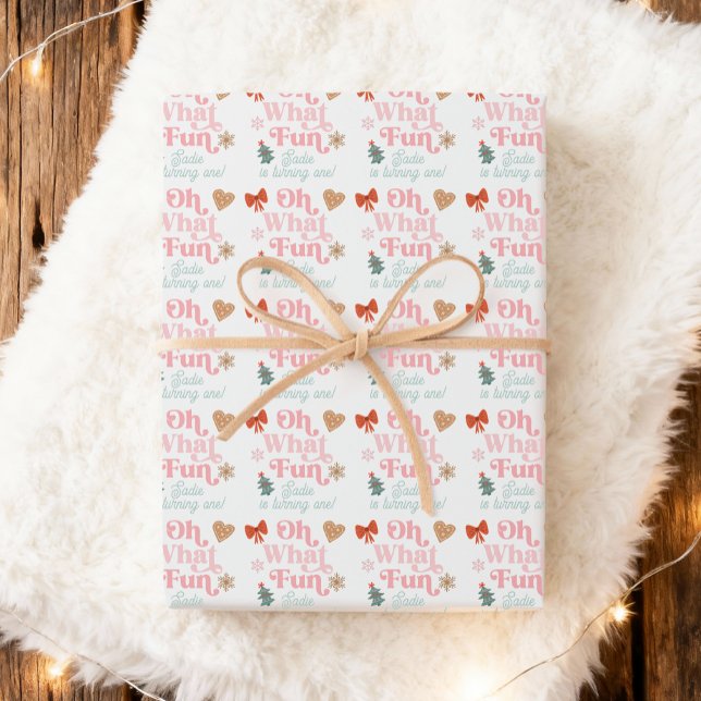 Oh What Fun Christmas Party Girl 1st Birthday  Wrapping Paper (Creator Uploaded)
