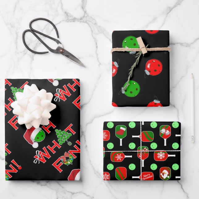 Oh What Fun Christmas Pickleball Green and Red Wrapping Paper Sheet (Front)