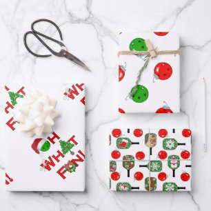 Oh What Fun Christmas Pickleball Green and White Wrapping Paper Sheet