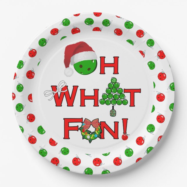 Oh What Fun Christmas Pickleball Party Green Ho Ho Paper Plate (Front)