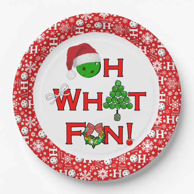 Oh What Fun Christmas Pickleball Party Red White  Paper Plate (Front)