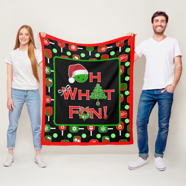 Oh What Fun Christmas Pickleball Red and Black Fleece Blanket (In Situ)