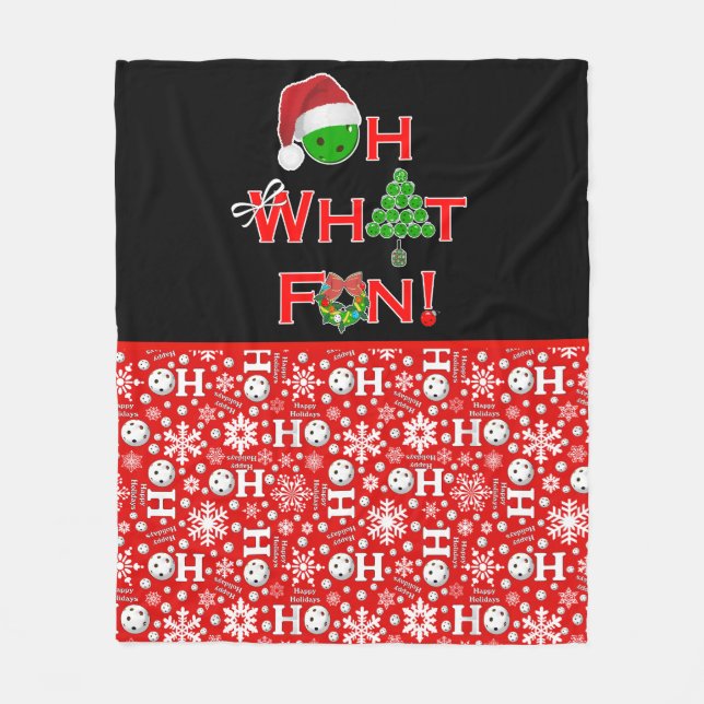Oh What Fun Christmas Pickleball Red and White Fleece Blanket (Front)