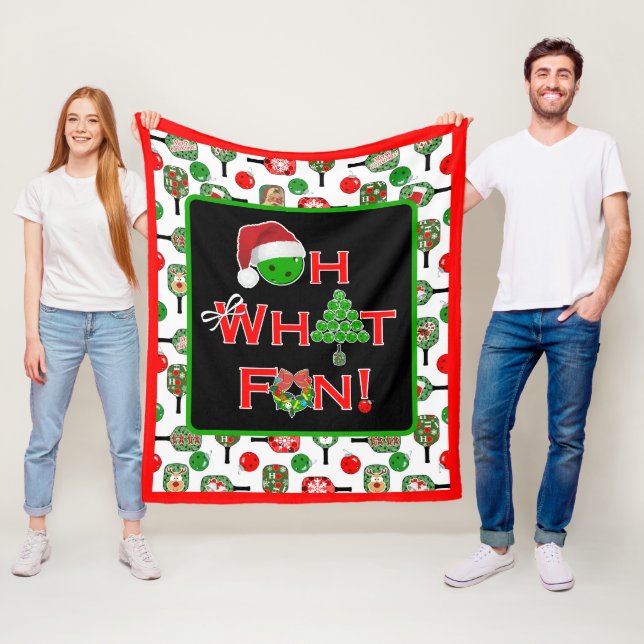 Oh What Fun Christmas Pickleball Red and White Fleece Blanket (In Situ)
