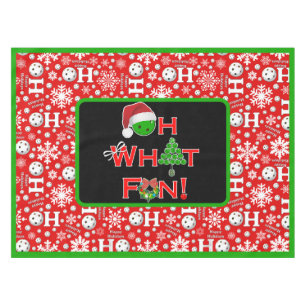 Oh What Fun Christmas Pickleball Snowballs on Red Tablecloth