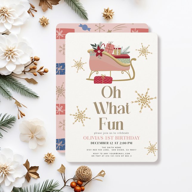 Oh What Fun Christmas Pink Sleigh 1st Birthday Invitation (Creator Uploaded)
