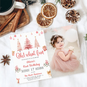 Oh What Fun Christmas Pink Tree Birthday Photo Invitation