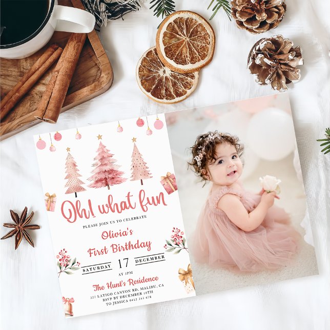 Oh What Fun Christmas Pink Tree Birthday Photo Invitation (Creator Uploaded)