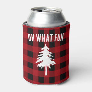 Oh What Fun Christmas Red Black Buffalo Plaid Can Cooler