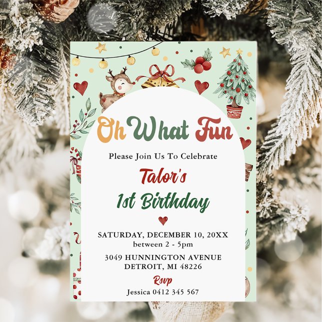 Oh What Fun! Christmas Reindeer 1st Birthday Invitation (Creator Uploaded)