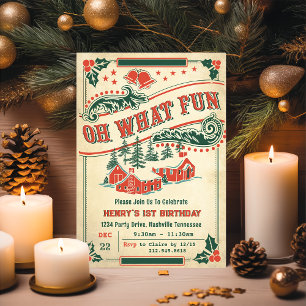 Oh What Fun Christmas Retro Vintage Birthday Party Invitation