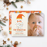 Oh What Fun Christmas Santa 1st Birthday Photo Invitation<br><div class="desc">This cute "oh what fun" Christmas holiday 1st/first birthday photo invitation features a Santa's face/head with colourful christmas holiday lights on a cream background. The reverse side features a red background with holiday ornament pattern in red. Personalise it for your needs. You can find matching products at my store.</div>