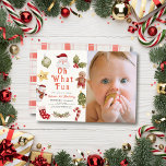 Oh What Fun Christmas Santa Photo 1st Birthday Invitation<br><div class="desc">This cute "oh what fun" 1st/first birthday photo invitation features a cream background with Santa Claus, hollies, a gingerbread man, star, snowman, christmas tree, candy cane, and stocking in watercolor. The reverse side features a white background with check pattern in red. Personalise it for your needs. You can find matching...</div>